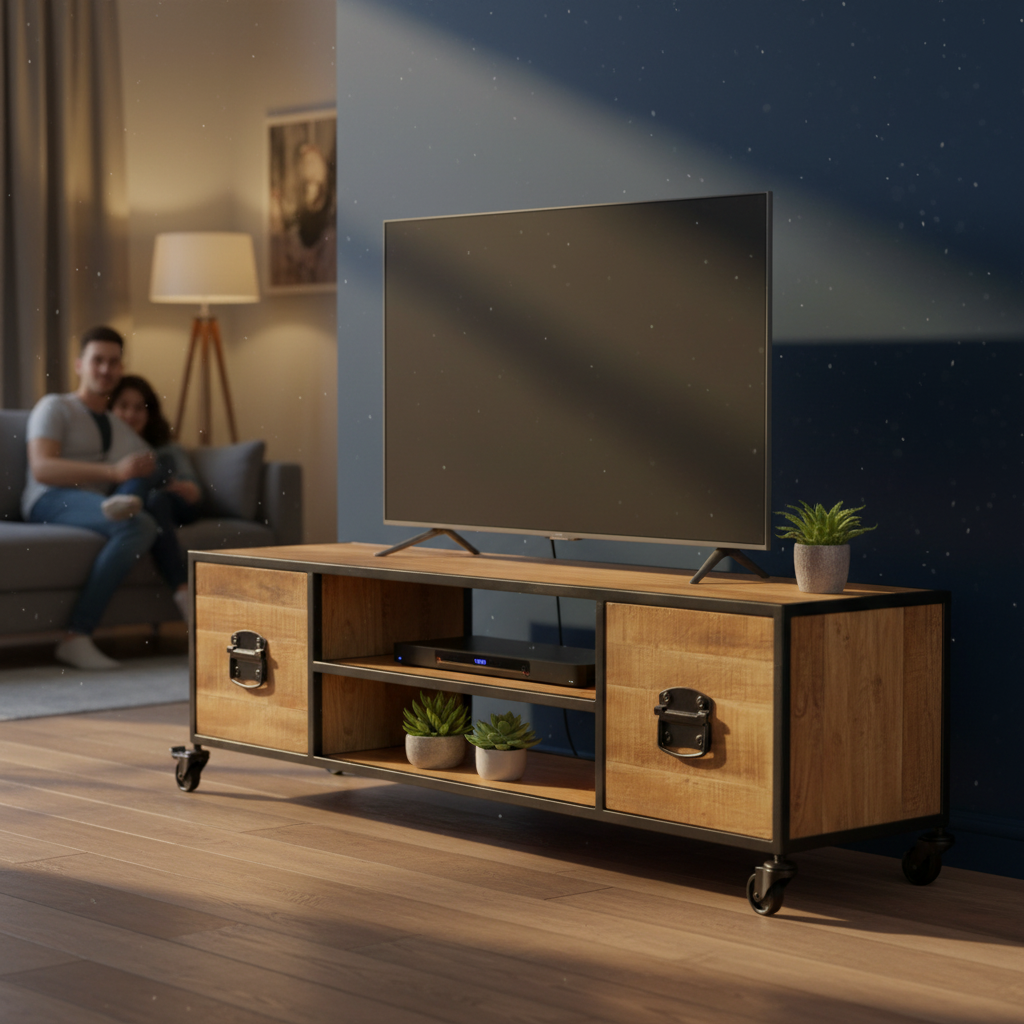 TV-meubel op wielen in woonkamer met stel