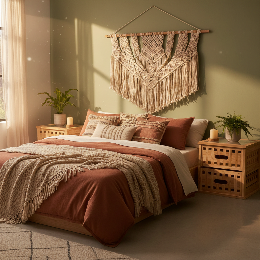 Twee nachtkastjes in bohemian slaapkamer