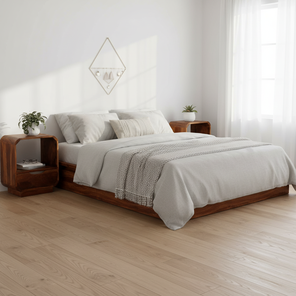 Twee nachtkastjes in Scandinavische slaapkamer