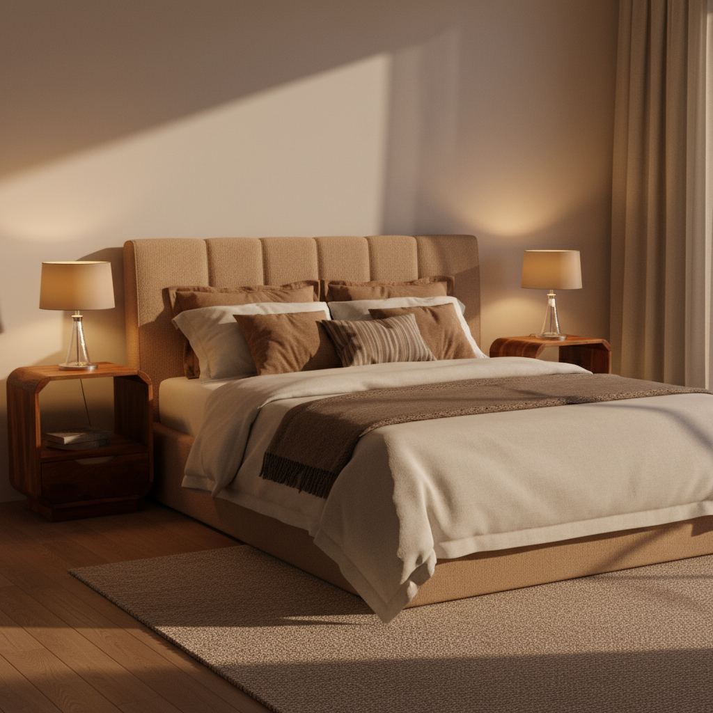 Twee nachtkastjes in warme slaapkamer