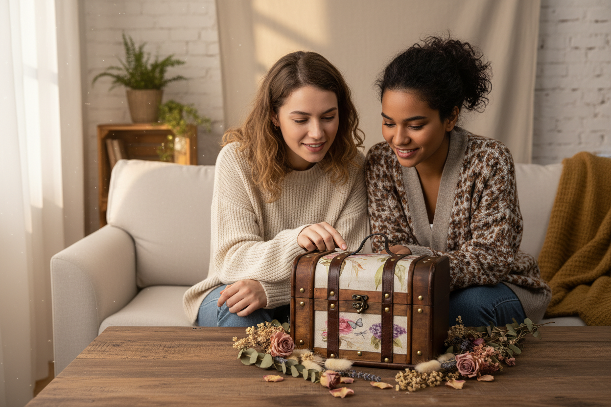 Twee vrouwen bekijken sieradendoos