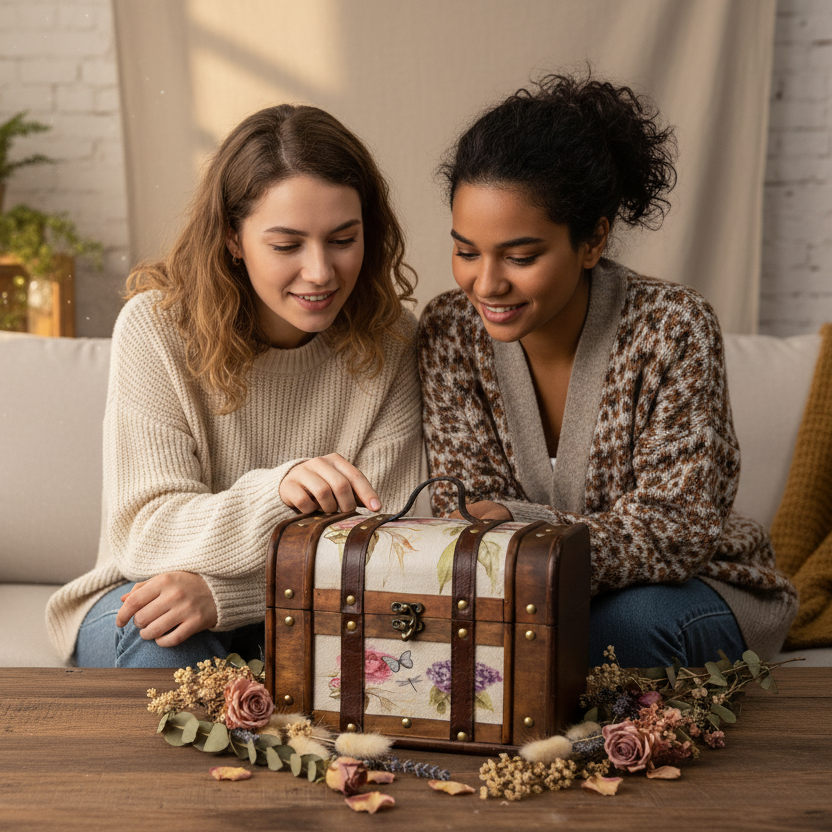 Twee vrouwen bekijken sieradendoos