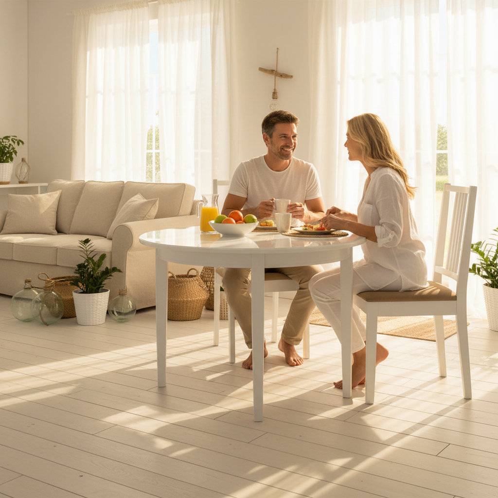 Twee witte eetkamerstoelen met beige zitting in coastal woonkamer