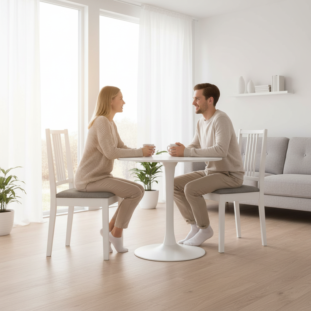 Twee witte eetkamerstoelen met grijze zitting in Scandinavische woonkamer