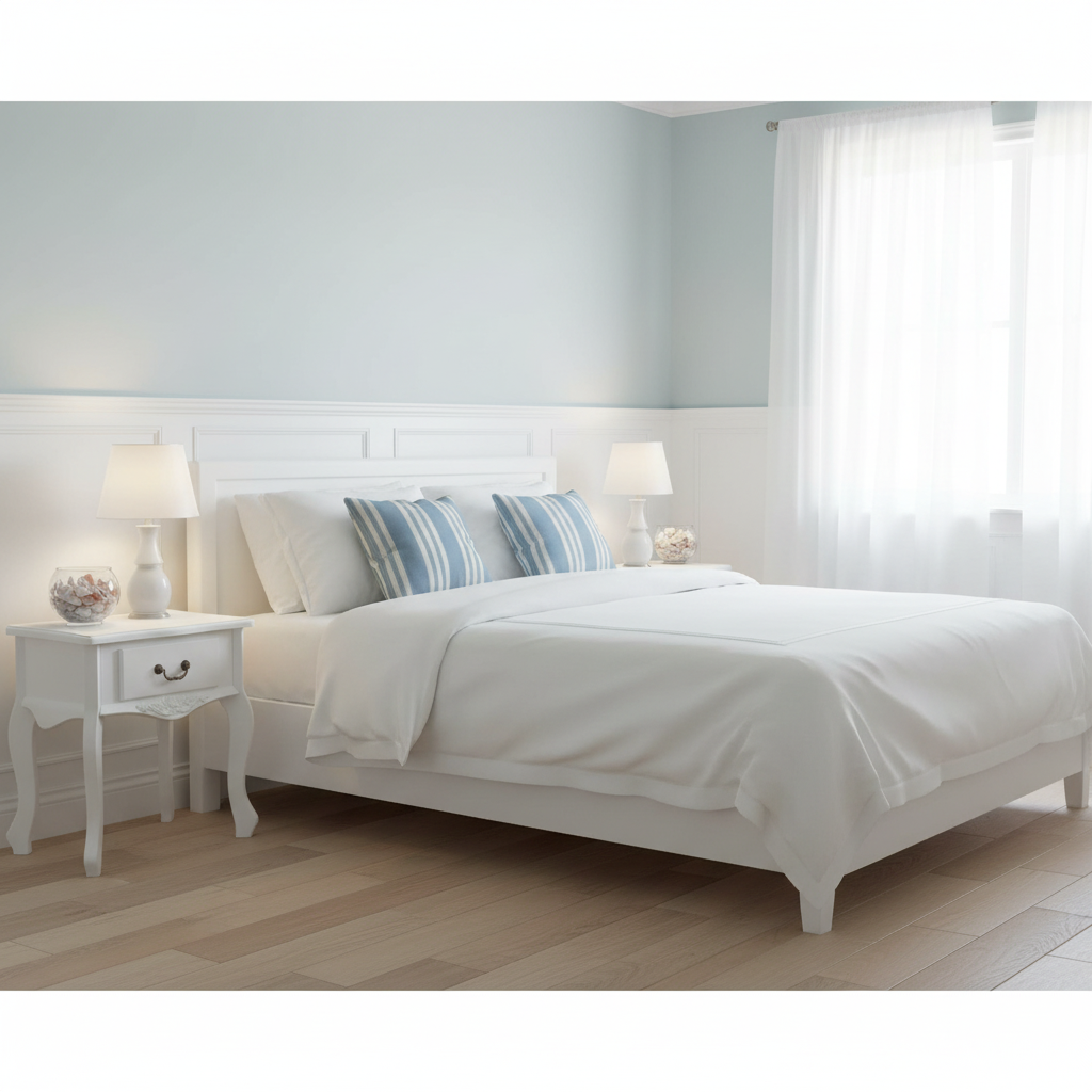 Twee witte nachtkastjes in coastal slaapkamer