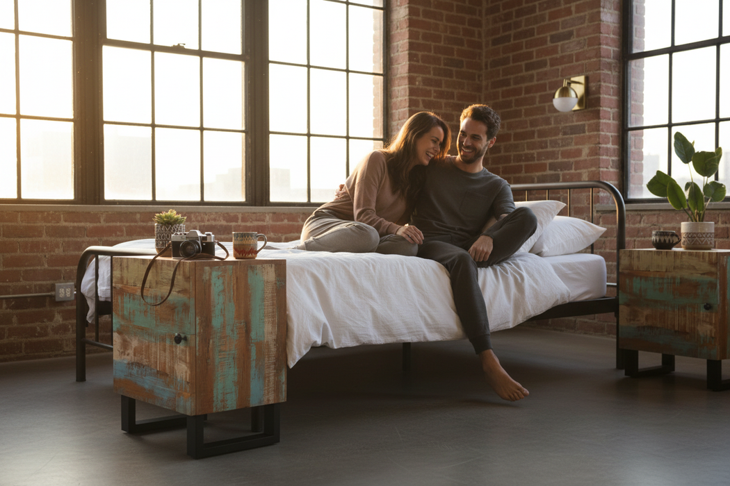 Urban loft met gerecycled hout nachtkastje en stel