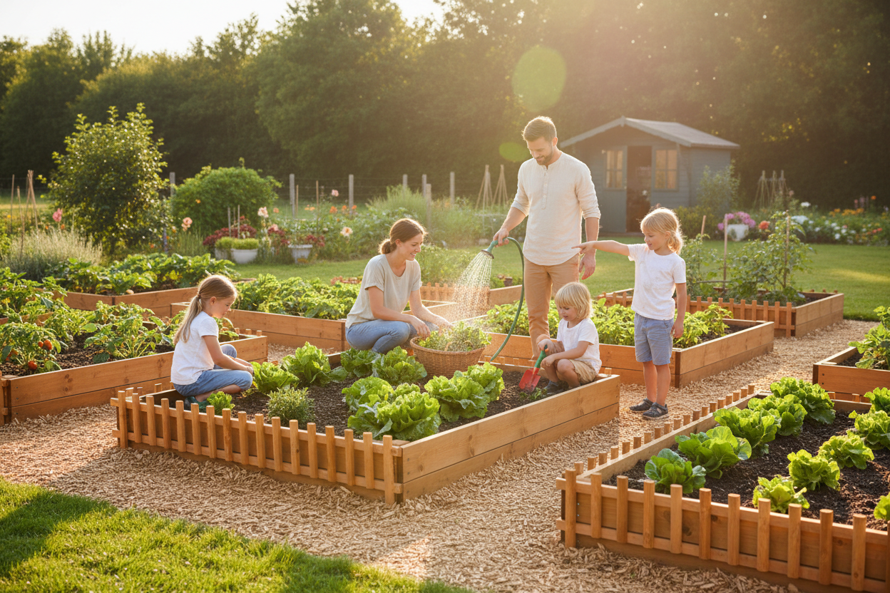 Vegetable garden with family