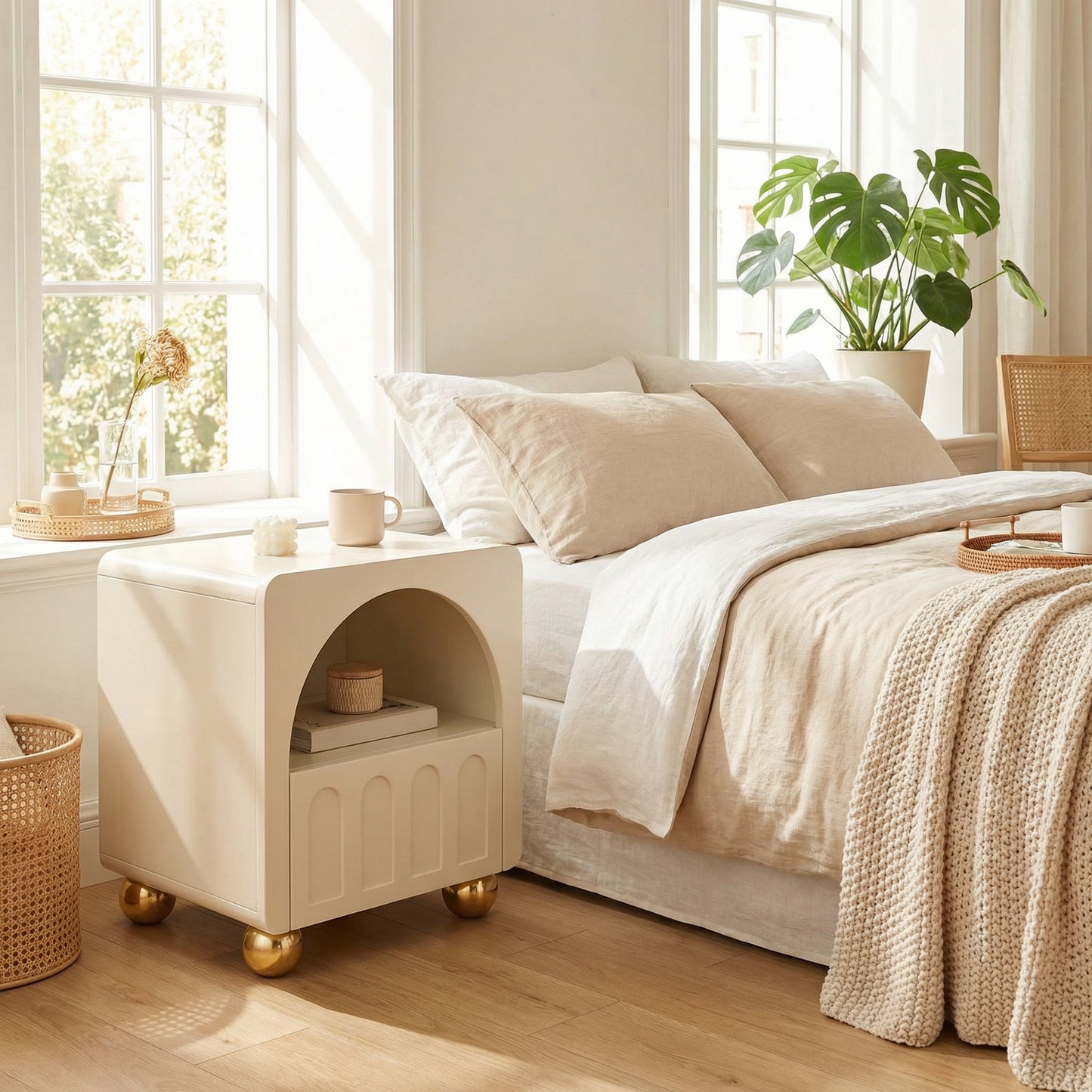 Vespera Arch Nachtkastje – Crème Gouden Sereniteit