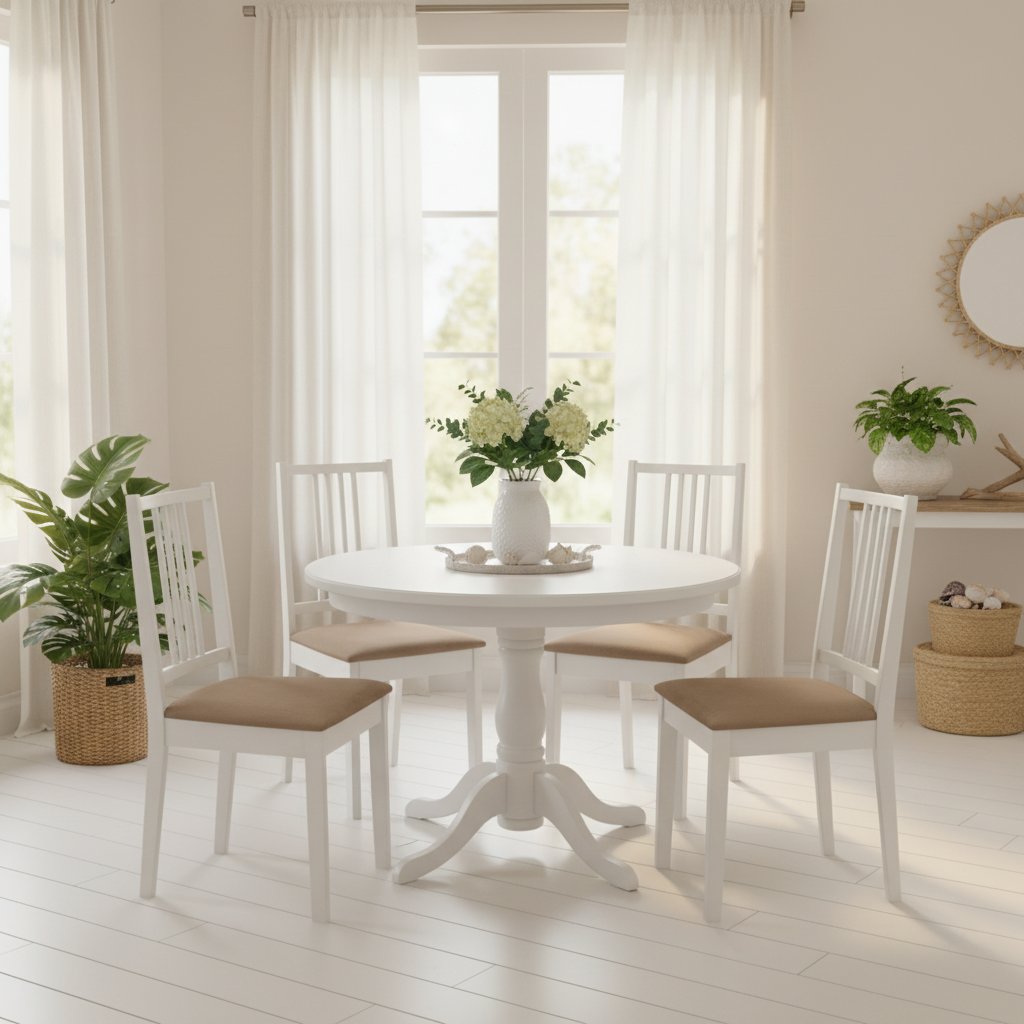Vier lege witte eetkamerstoelen met beige zitting in coastal eetkamer