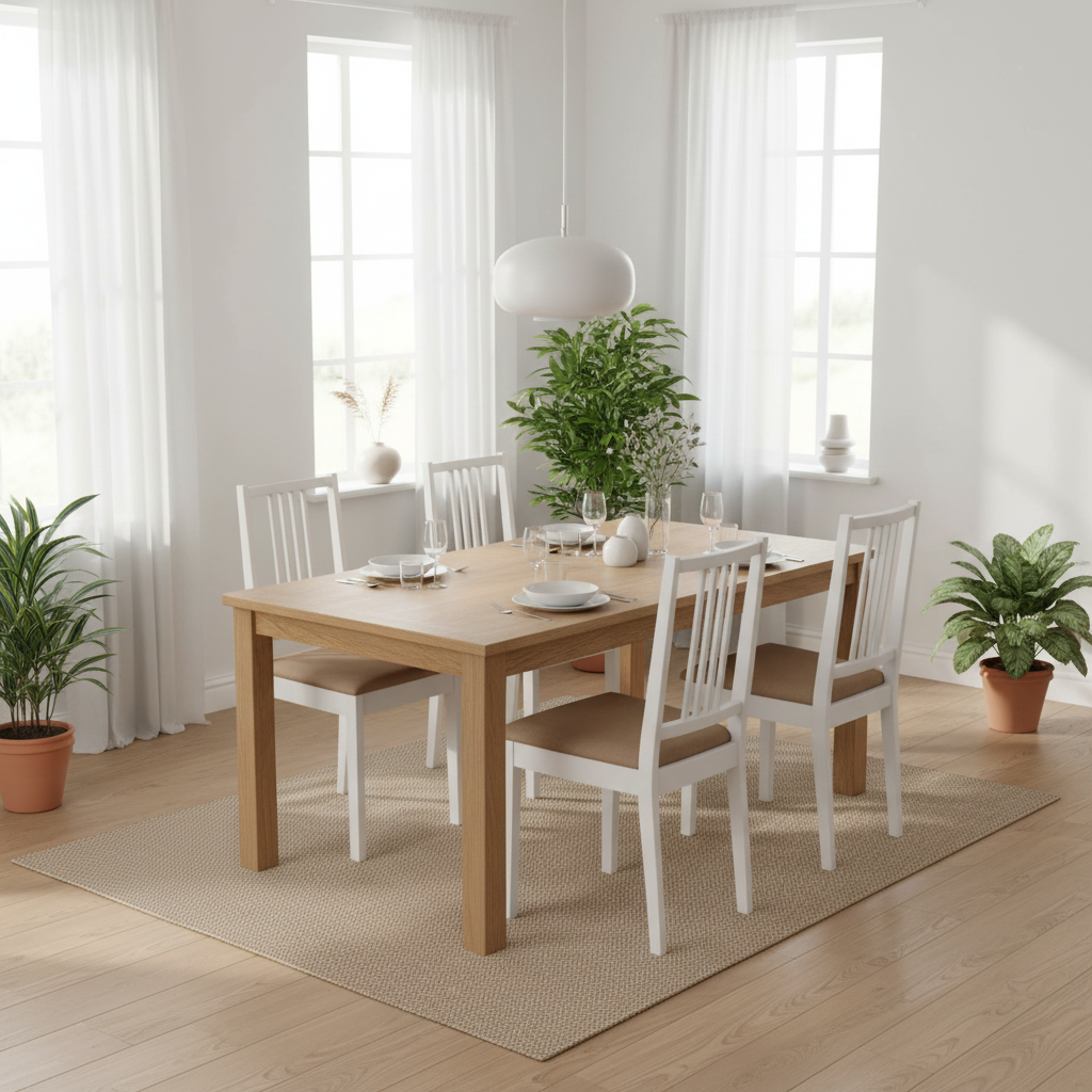 Vier lege witte eetkamerstoelen met beige zitting in Scandinavische eetkamer