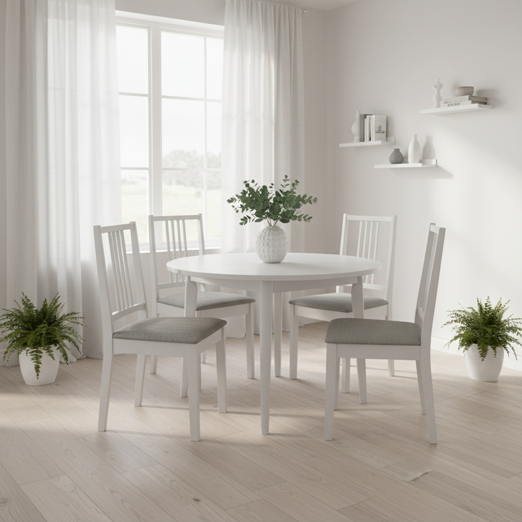 Vier lege witte eetkamerstoelen met grijze zitting in minimalistische Scandinavische eetkamer