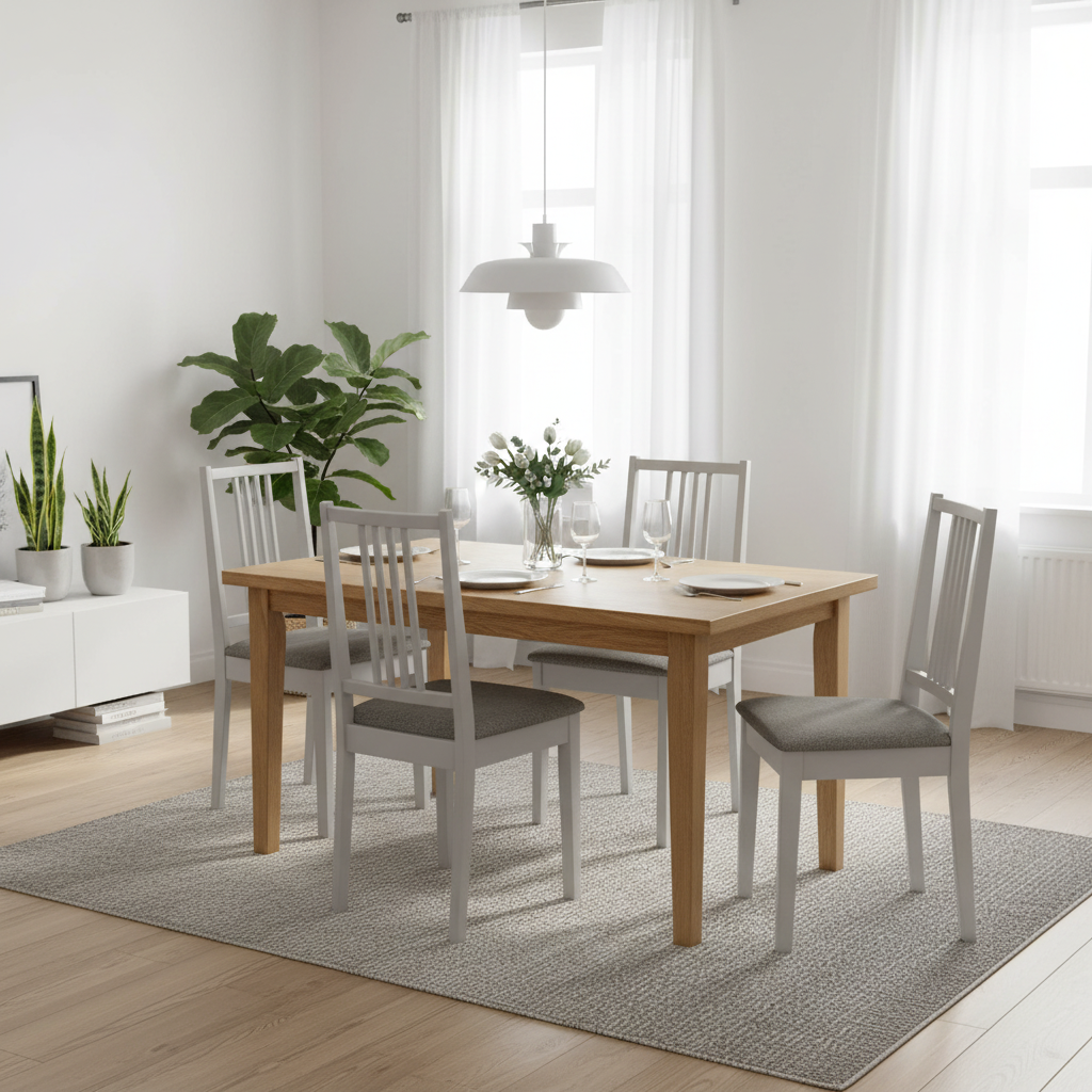 Vier lege witte eetkamerstoelen met grijze zitting in Scandinavische eetkamer