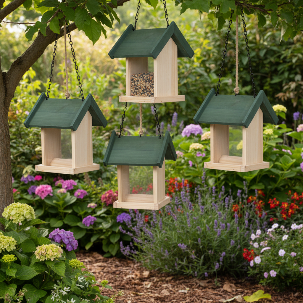 Vier voederbakjes in tuin