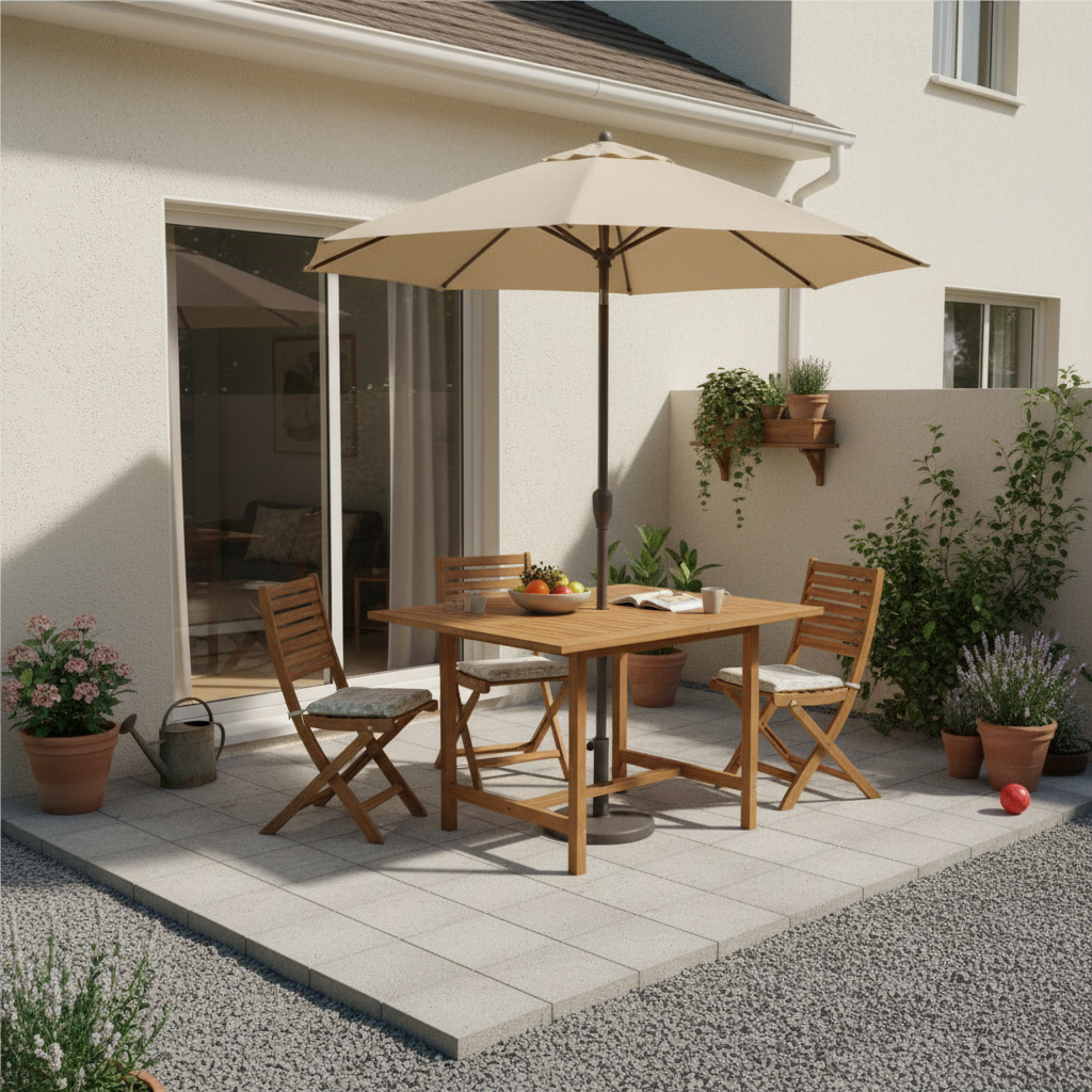 Vierkante tafel met parasolgat op patio