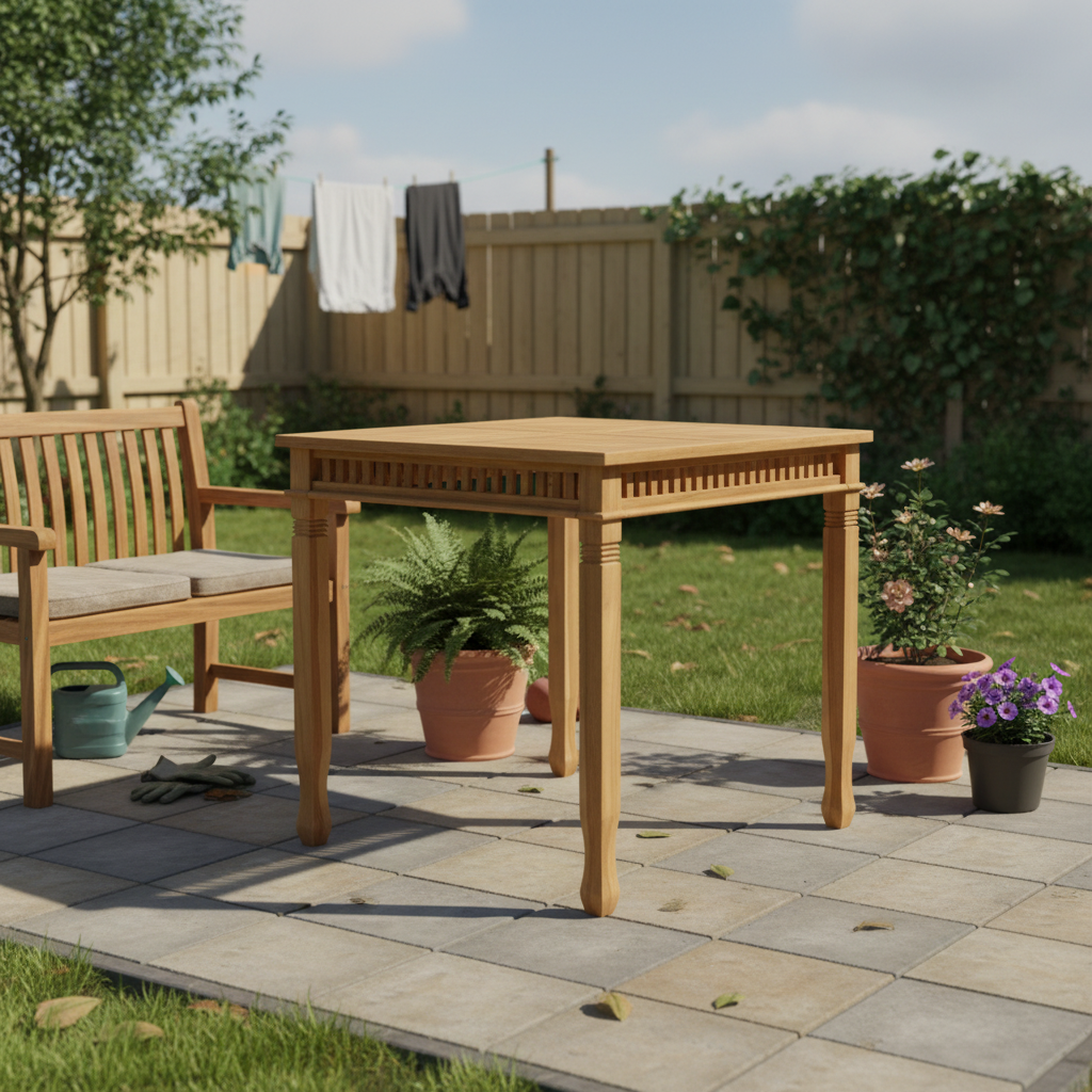 Vierkante teak tuintafel in tuin