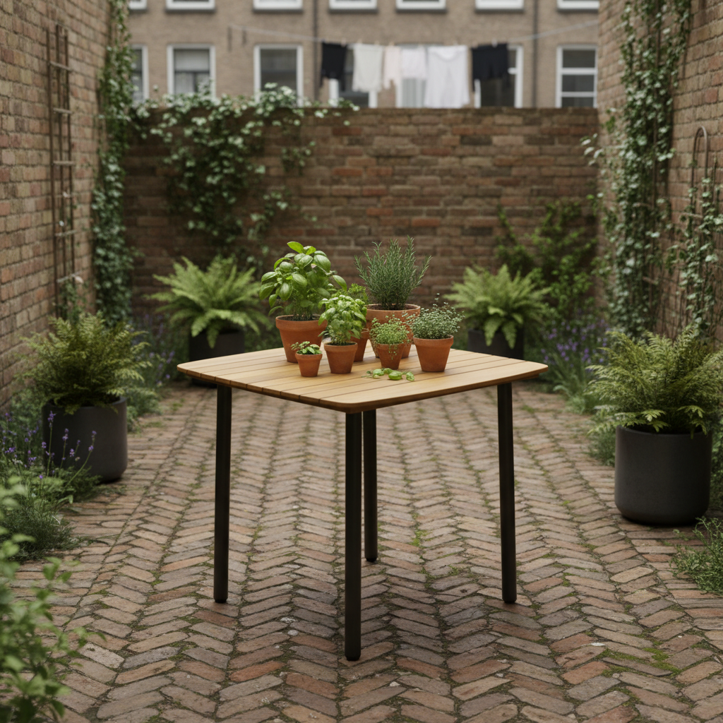 Vierkante tuintafel in stadstuin