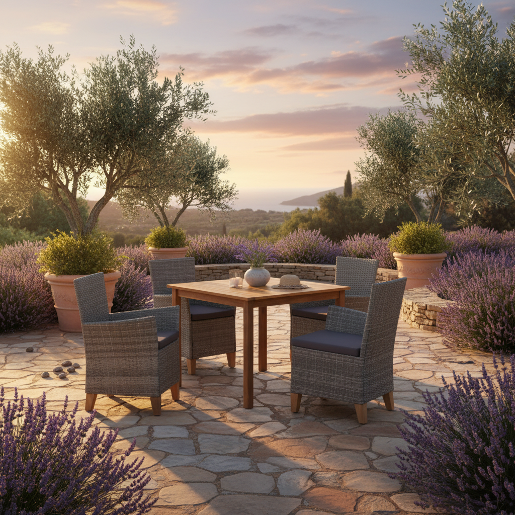 Vierkante tuintafelset op mediterraan terras