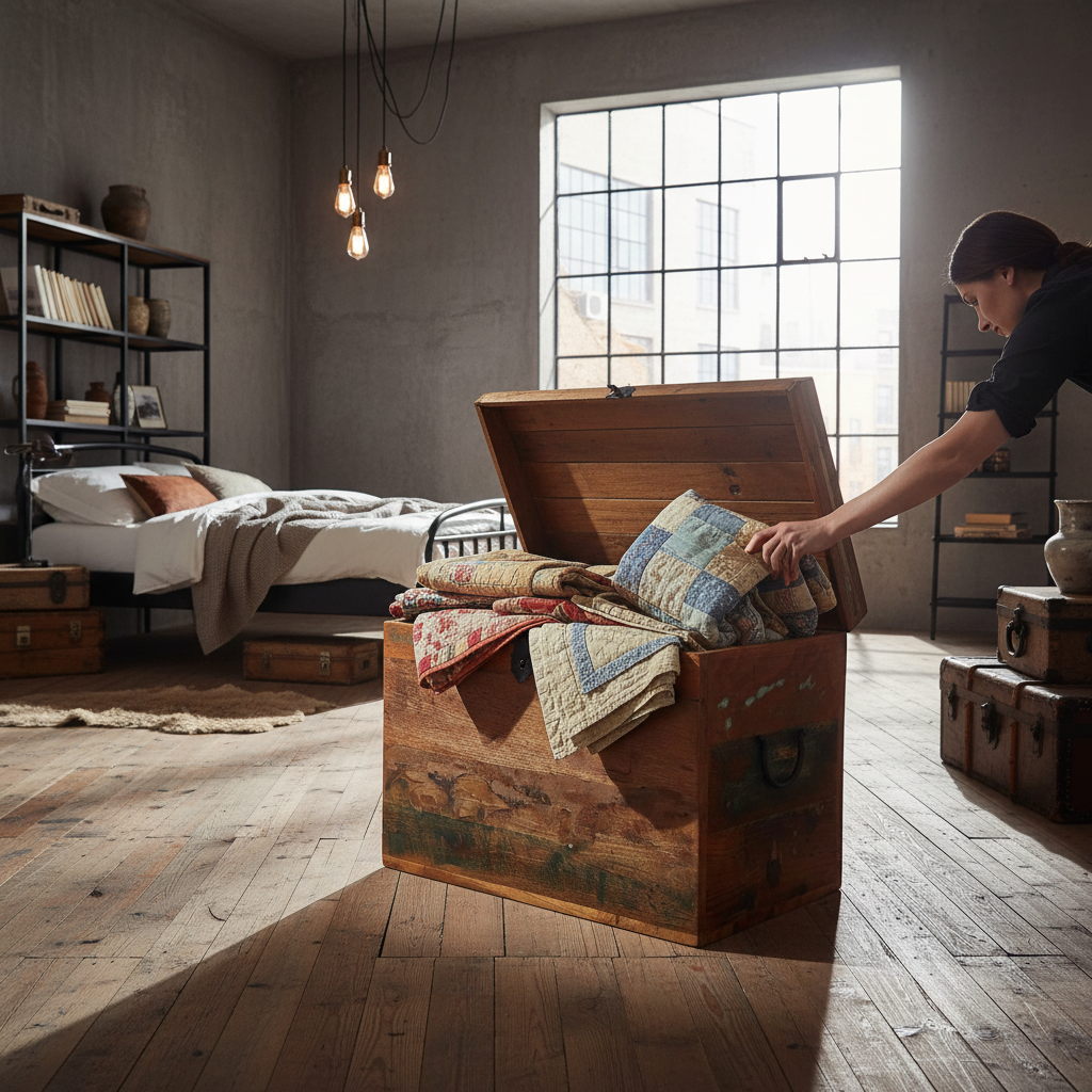 Vintage gerecycled hout opbergkist open met quilts in industriële loft slaapkamer