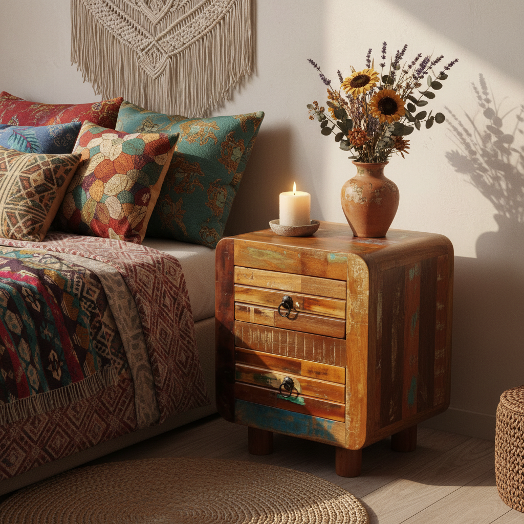 Vintage nachtkastje in bohemian kamer