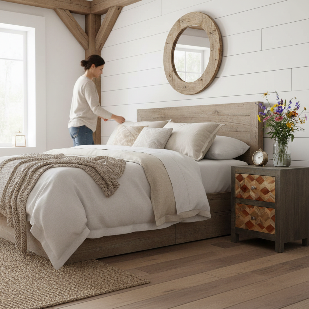 Vintage nachtkastje in farmhouse kamer