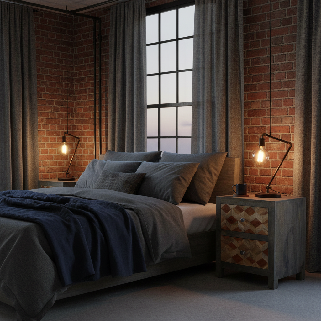 Vintage nachtkastje in industriële kamer