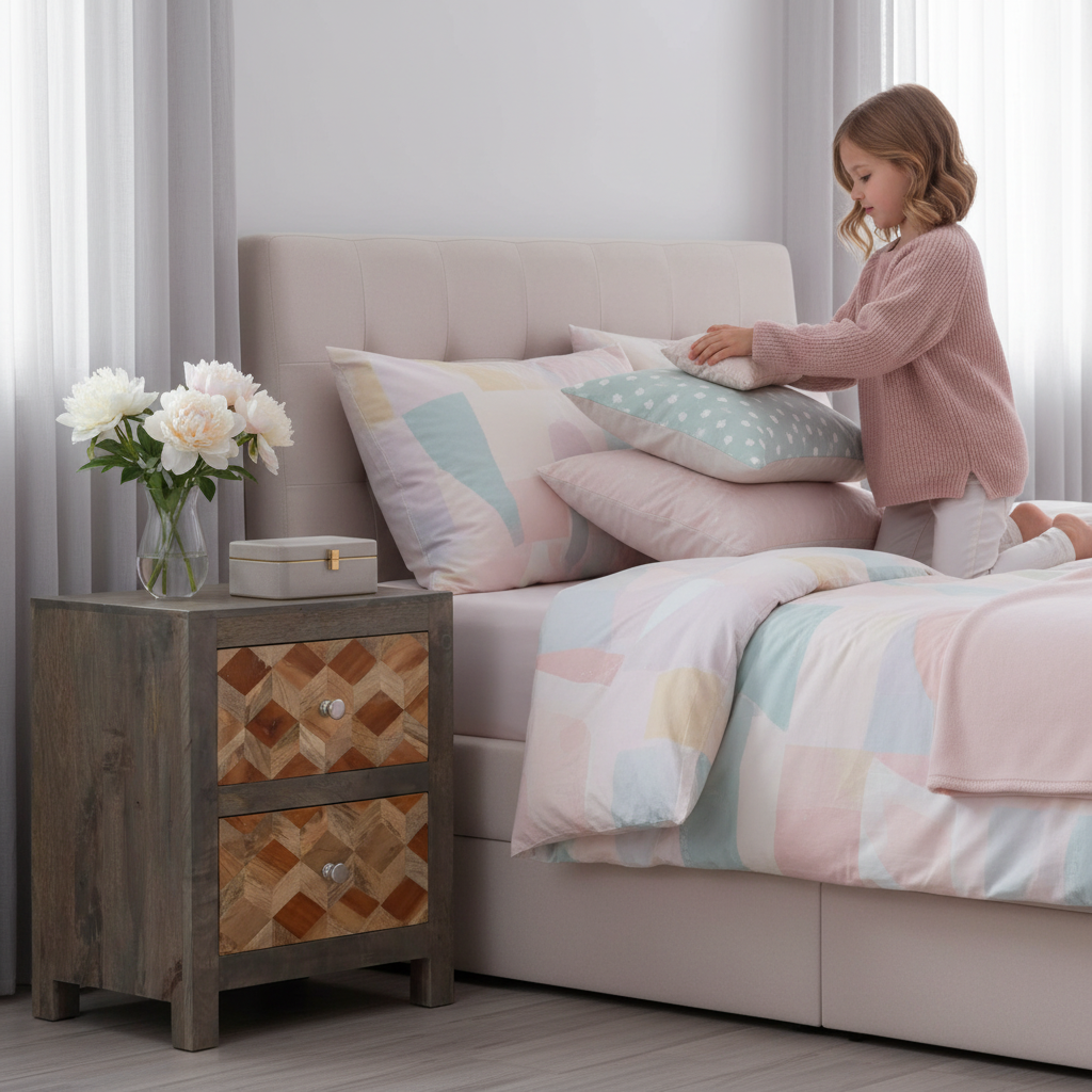 Vintage nachtkastje in meisjeskamer