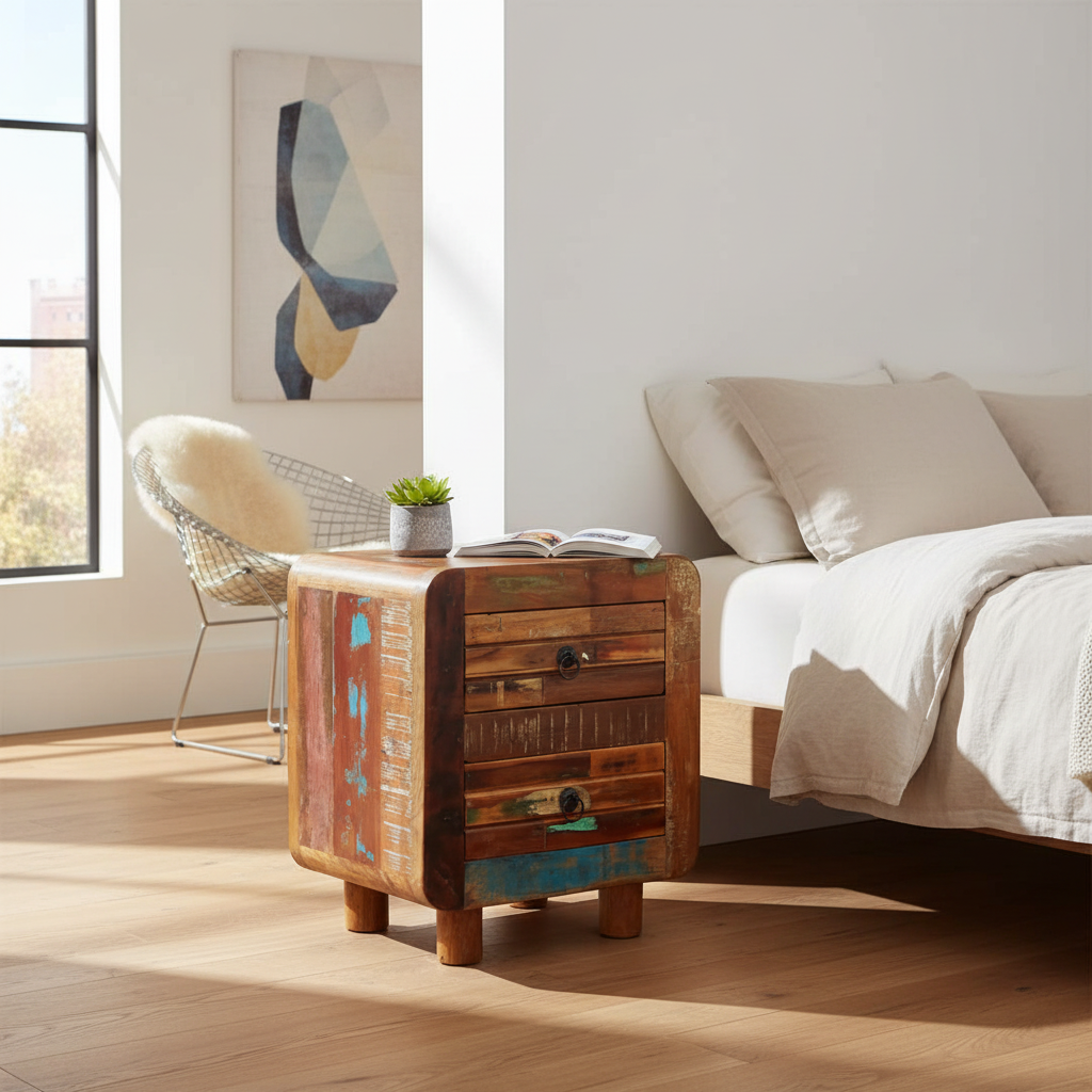 Vintage nachtkastje in moderne eclectische kamer