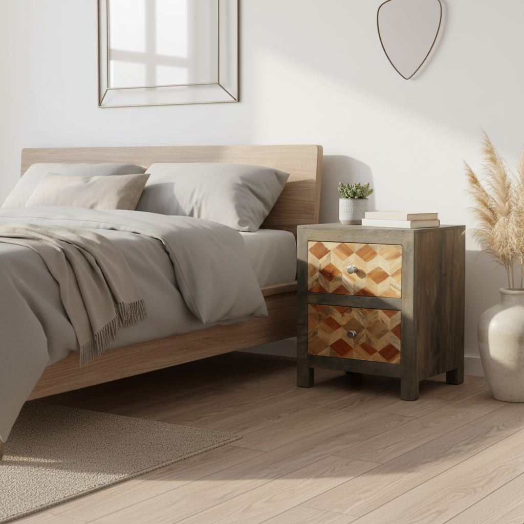 Vintage nachtkastje in moderne rustieke kamer