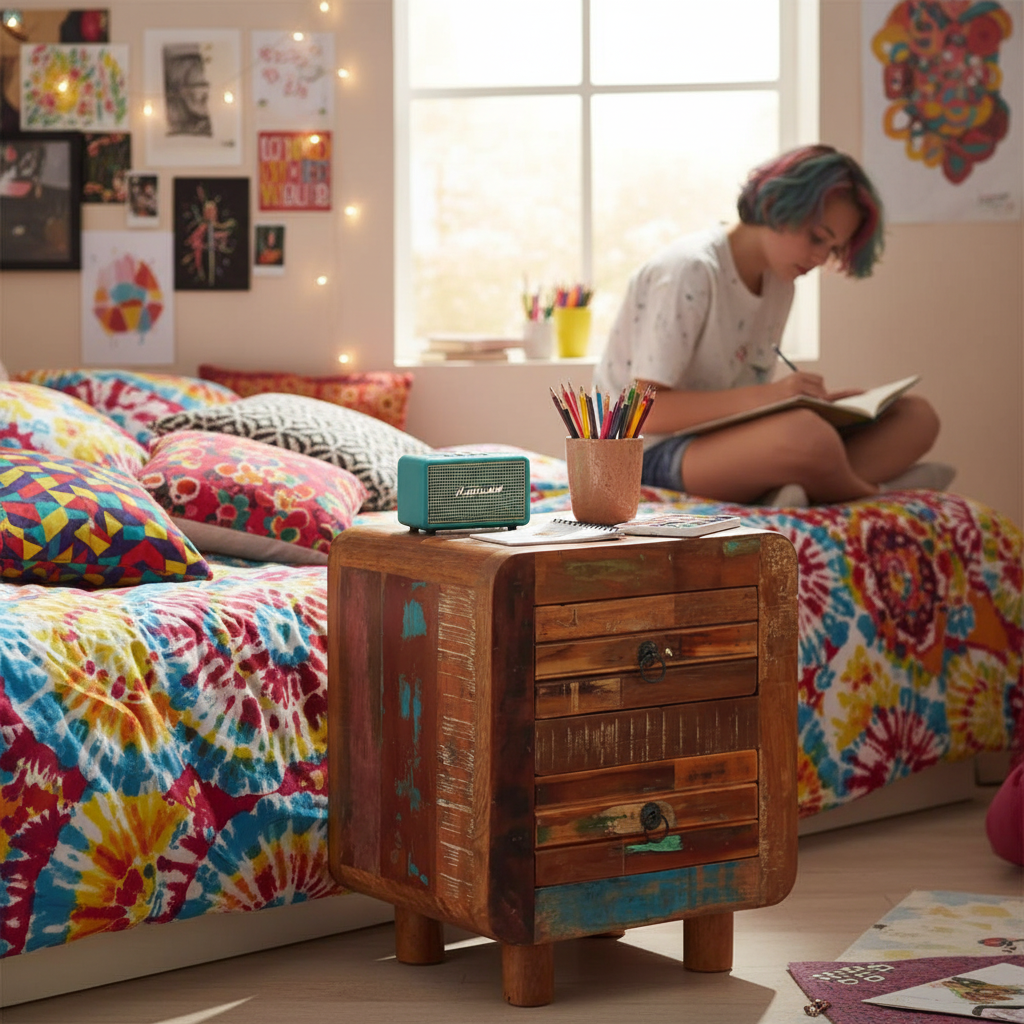 Vintage nachtkastje in tienerkamer