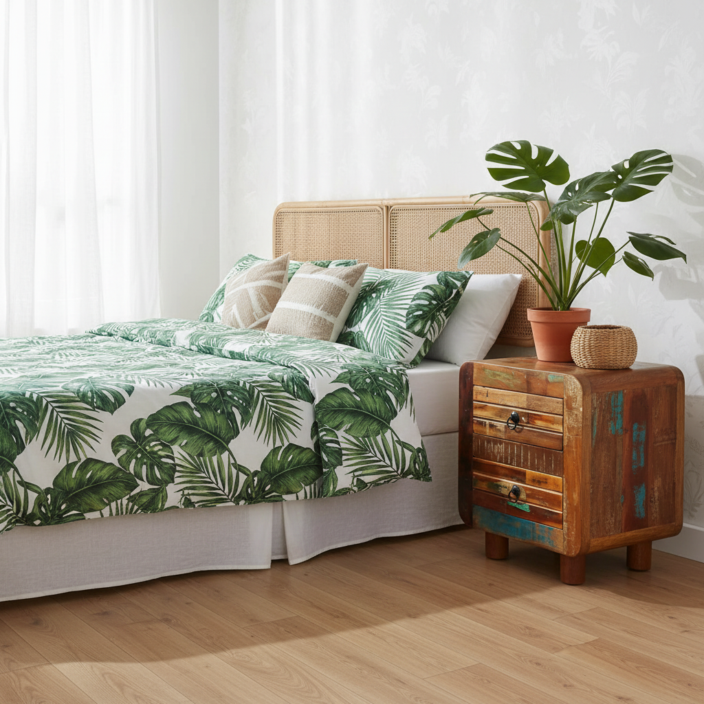 Vintage nachtkastje in tropische kamer