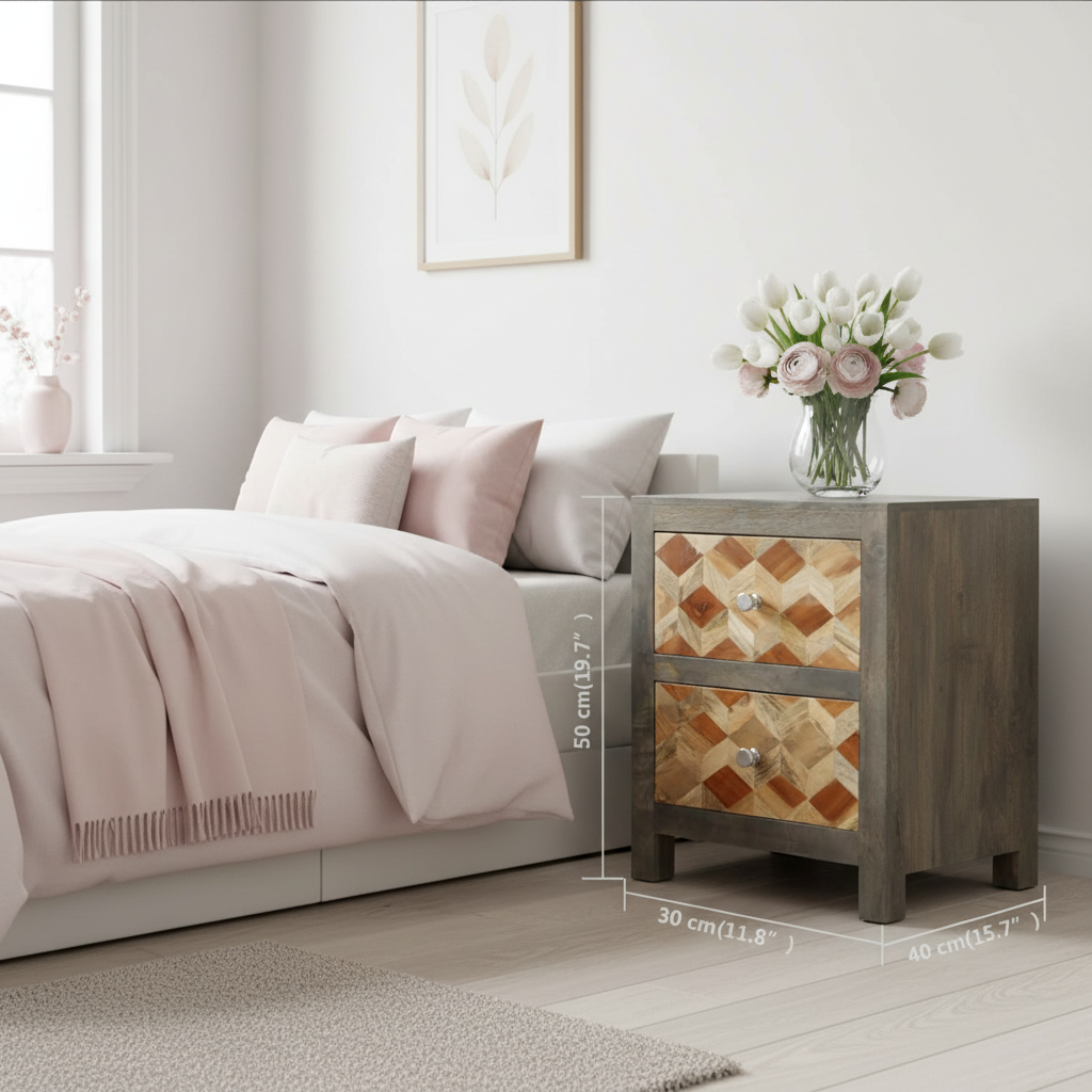 Vintage nachtkastje met afmetingen in meisjeskamer