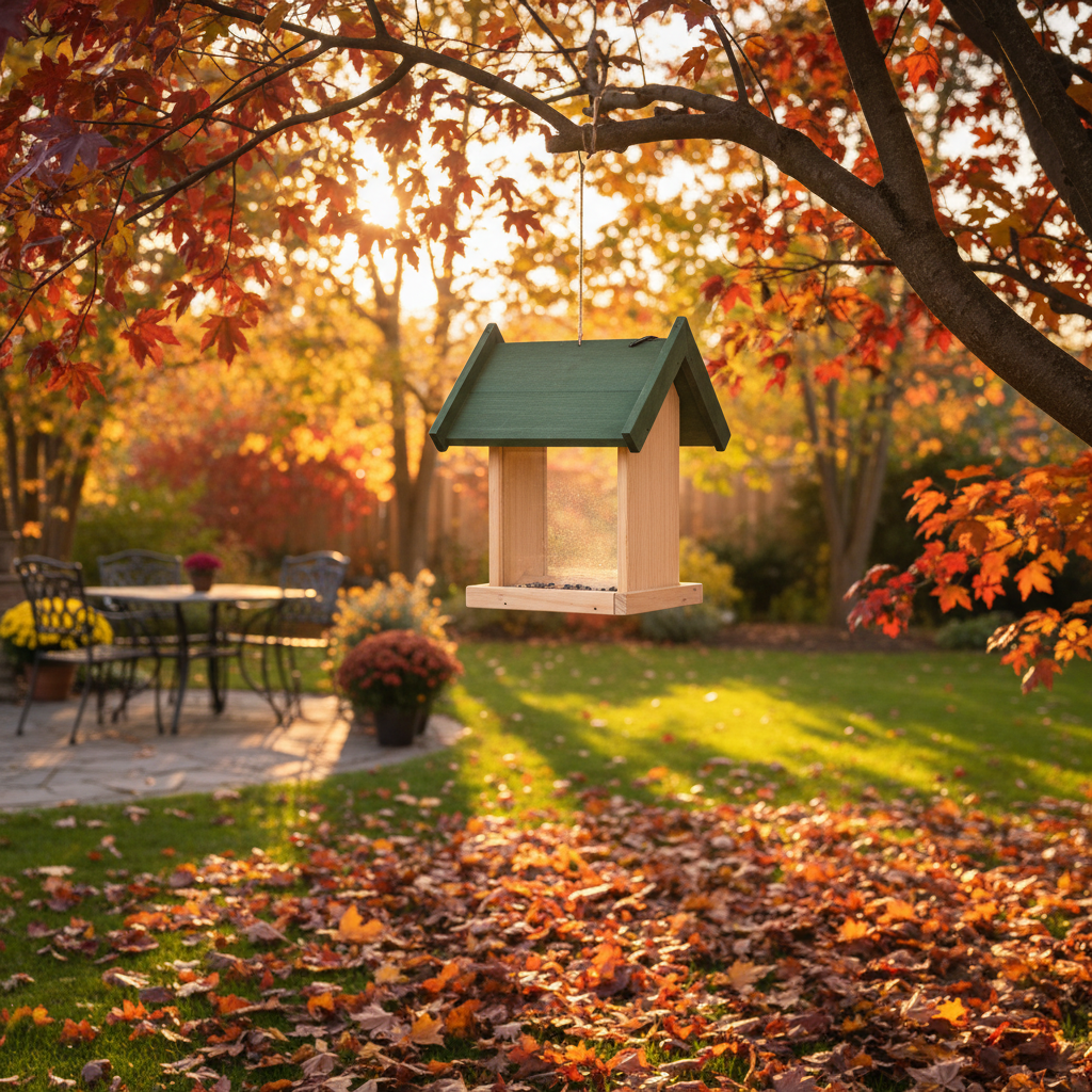 Voederbakje in herfsttuin