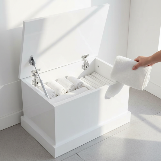 Volledig hoogglans witte opbergbox met open deksel in badkamer