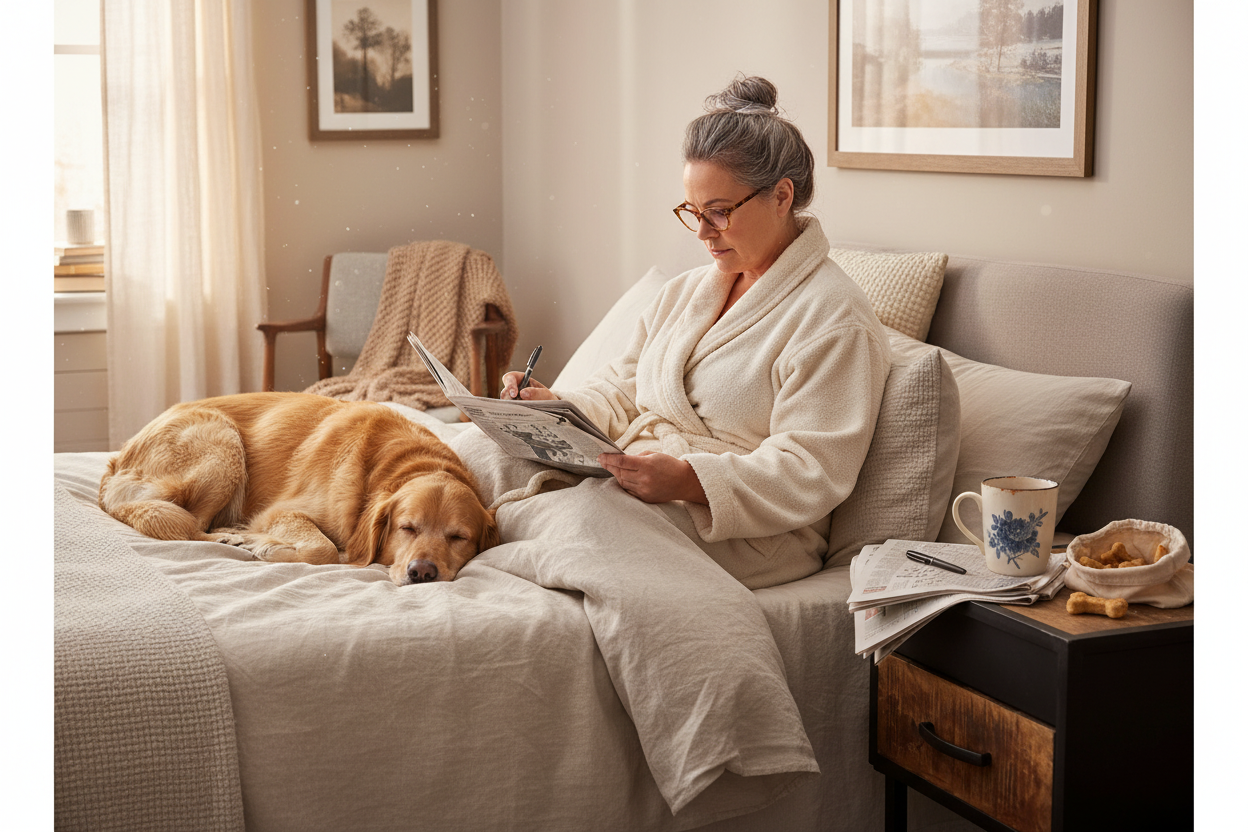 Vrouw doet kruiswoordpuzzel met hond