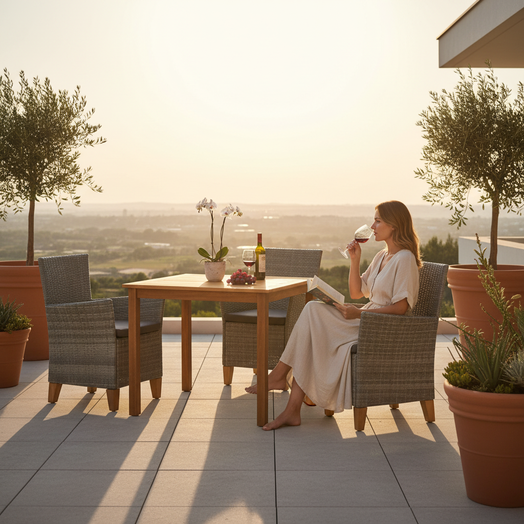 Vrouw ontspant aan vierkante tuintafelset