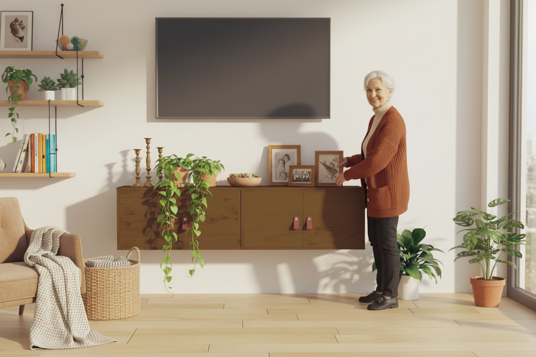 Wandkast Fjord HONINGBRUIN in warme woonkamer