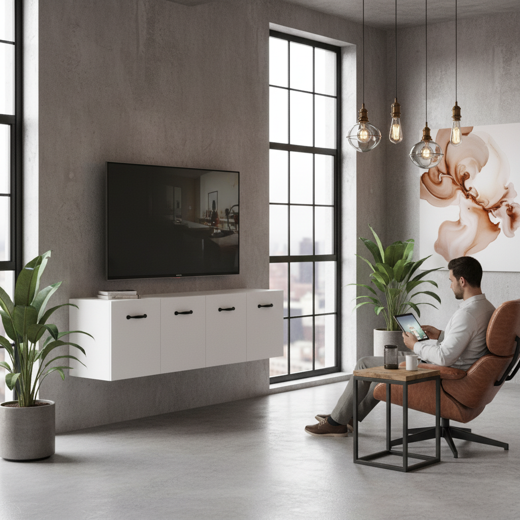 Wandkasten 100cm met TV in industriële loft