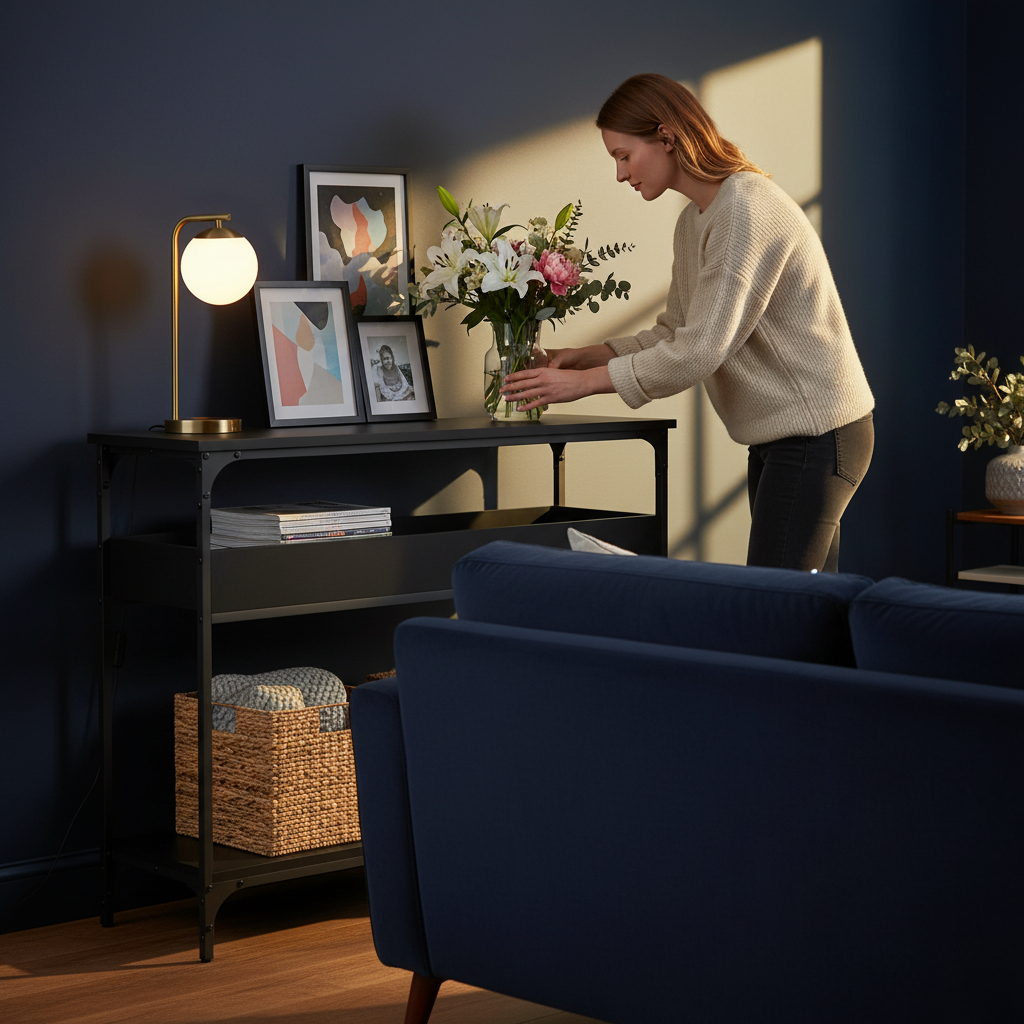 Wandtafel achter bank in woonkamer