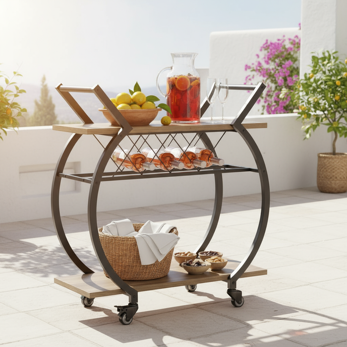 Carro de bar con estante para vino - 2 niveles, madera y metal, con ruedas - aspecto rústico de roble - KING®