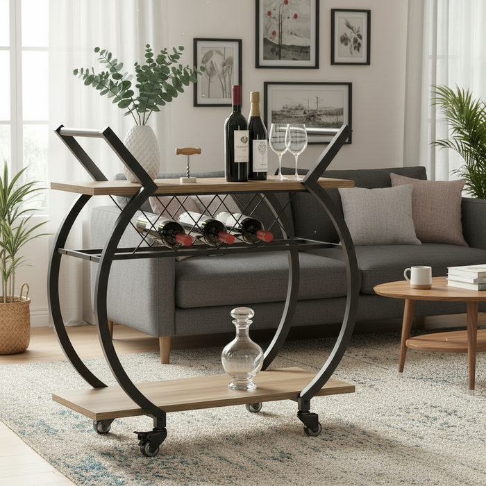 Carro de bar con estante para vino - 2 niveles, madera y metal, con ruedas - aspecto rústico de roble - KING®