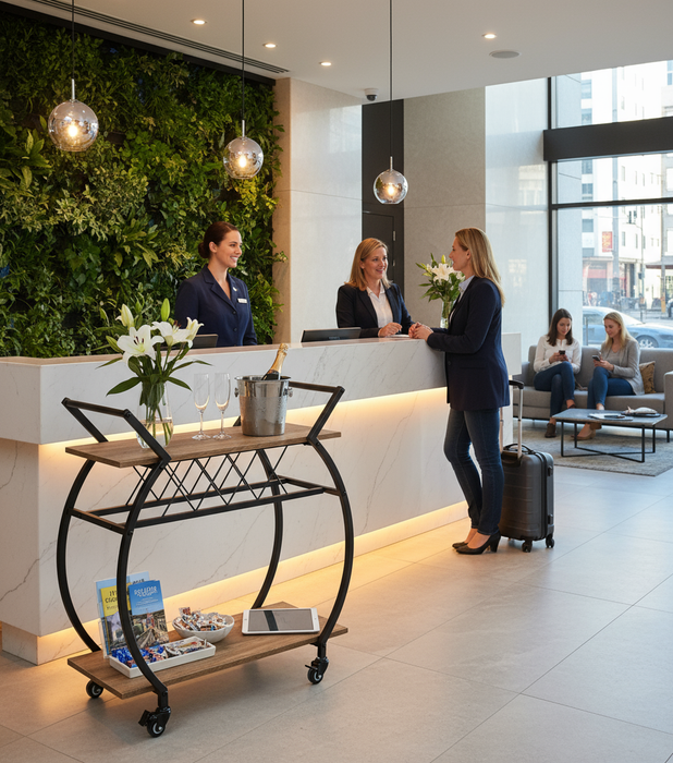 Carro de bar con estante para vino - 2 niveles, madera y metal, con ruedas - aspecto rústico de roble - KING®