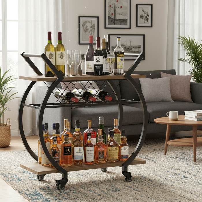 Carro de bar con estante para vino - 2 niveles, madera y metal, con ruedas - aspecto rústico de roble - KING®