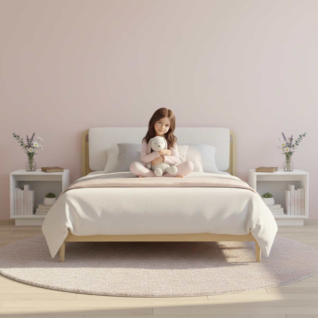 Wit bed tussen 2 open nachtkastjes