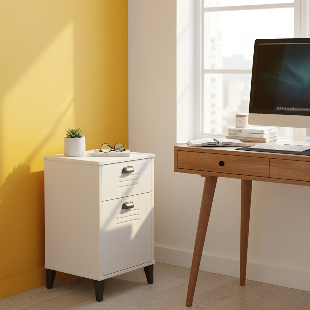 Wit locker nachtkastje in home office met gele muur