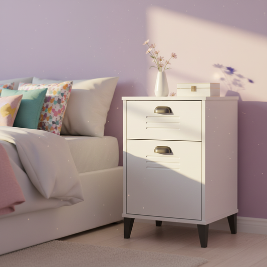 Wit locker nachtkastje in lavendel meisjeskamer