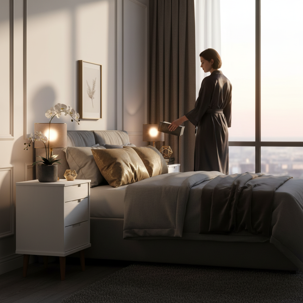 Wit nachtkastje in luxe slaapkamer