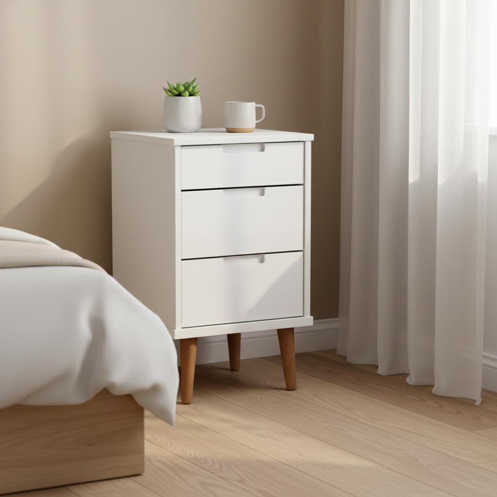 Wit nachtkastje in Scandinavische slaapkamer