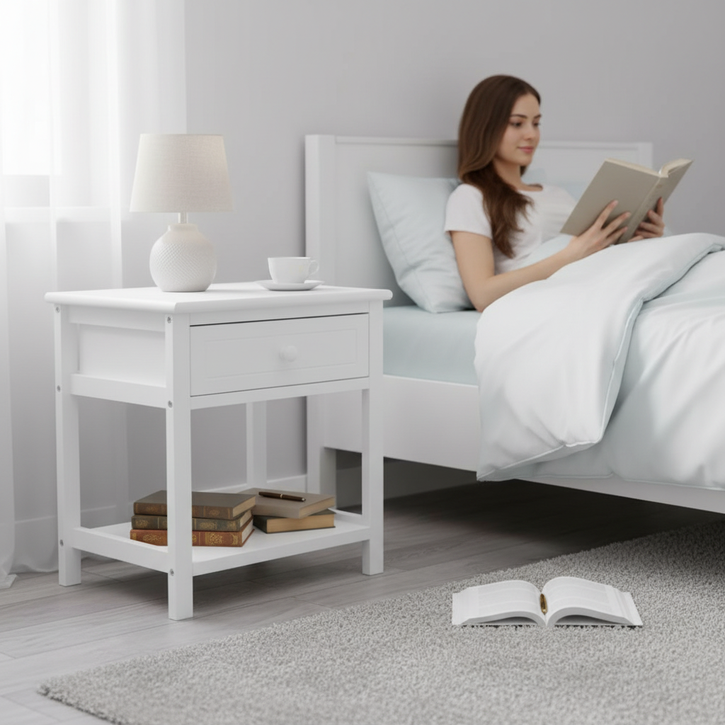 Wit nachtkastje met persoon