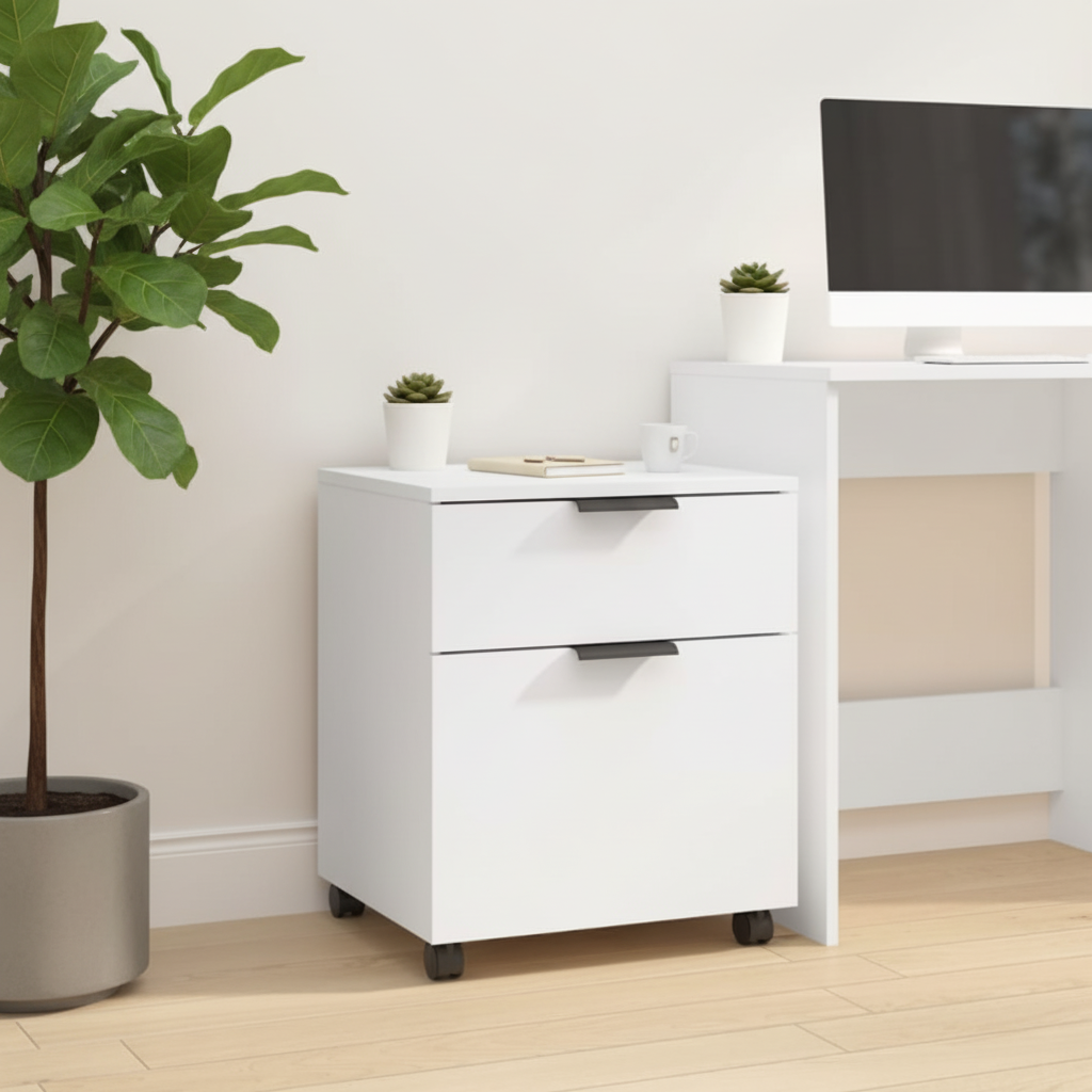 Witte dossierkast met andere plant en computer