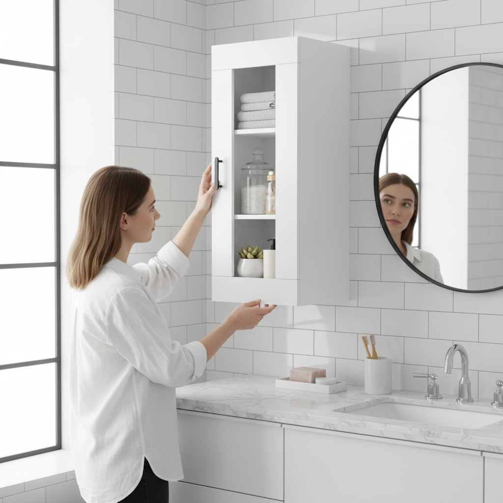 Witte hangkast met open vakken in badkamer